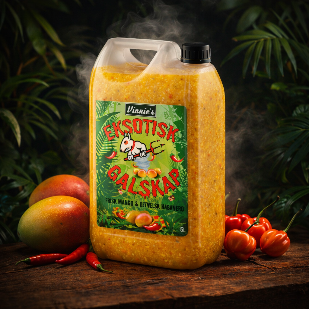 Vinnie's Eksotisk Galskap – Mango og Habanero Hot Sauce (5L)